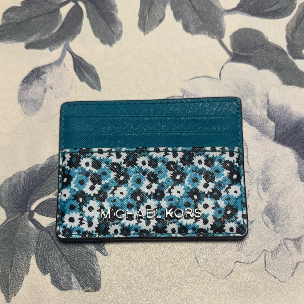 Michael Kors Teal and Black Floral Card Holder